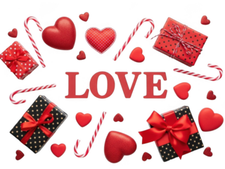 Celebrate love with gifts and hearts isolated on transparent background
