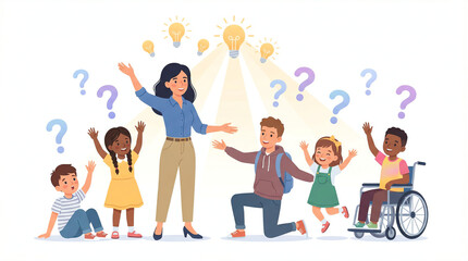 A teacher and students share ideas, with question marks and light bulbs representing exploration and discovery white background