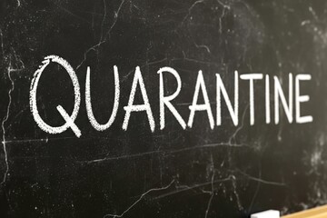 Bold chalk lettering of QUARANTINE on a classic school blackboard, signifying global health directives, widespread closures, and the era of social distancing and remote learning