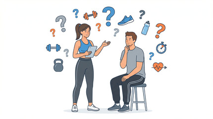 A personal trainer discussing fitness plans with a client, surrounded by relevant icons and question marks white background