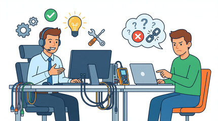 Illustration of a customer service representative assisting a customer with technical issues. The image highlights a solution-oriented professional with clear communication. white background