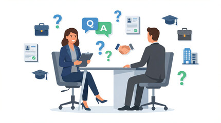 Illustration of a professional job interview in office room. A woman is conducting the interview with a man, surrounded by icons such as briefcases, diplomas, and question marks white background