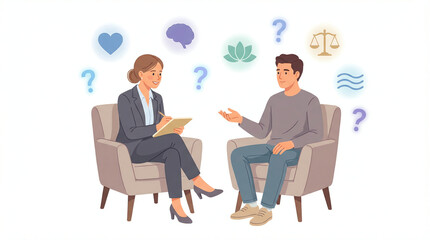 A illustration shows a therapy session with two people discussing issues, with icons representing thoughts and feelings above their heads white background