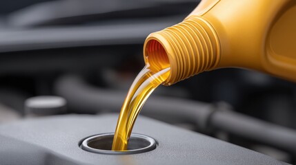 Close-Up View of Engine Oil Being Poured into Vehicle Engine for Maintenance and Care with Soft Focus on Engine Components and Surroundings