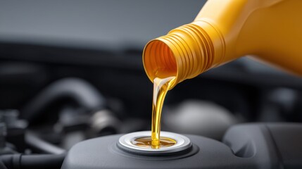 Close-Up of Engine Oil Being Poured into Car Engine for Maintenance and Care, Featuring Vivid Yellow Liquid and Automotive Components