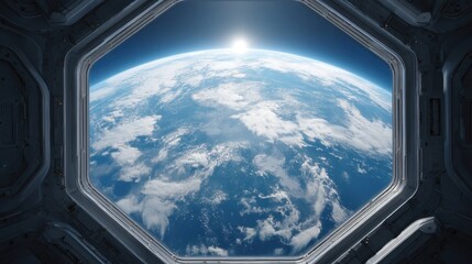 Stunning View of Earth from Space Through Octagonal Window with Bright Sunlight and Cloud Patterns in the Atmosphere