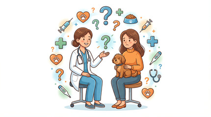 A woman consults with the vet while holding her cute dog white background