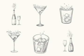Engraving style Cocktails alcoholic daiquiri, old fashioned, manhattan, martini, sidecar glass hand drawn vector illustration. Eps 10
