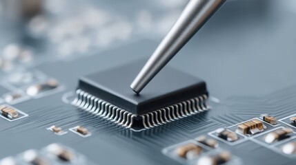 Close-Up Image of a Microchip with a Precision Tool Highlighting a Component on a Circuit Board for Technology and Electronics Themes