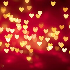 Golden heart-shaped bokeh lights creating a festive border on a vibrant red background