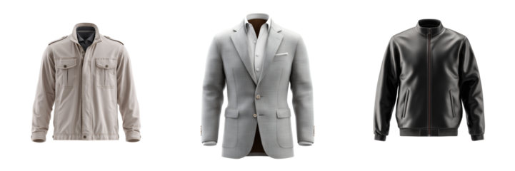 Three men's jackets and a suit jacket displayed side by side isolated on a transparent background blazer