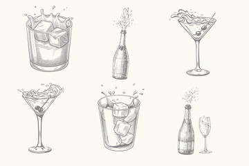 engraving vector illustration Cocktails alcoholic daiquiri, old fashioned, manhattan, martini, sidecar glass hand drawn. Eps 10