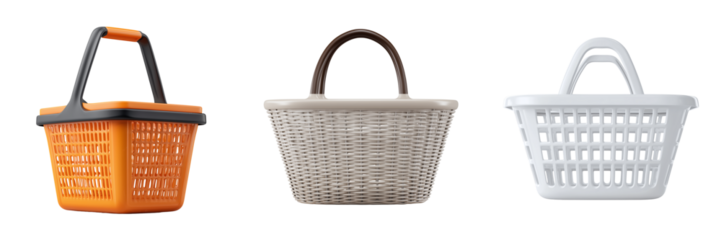 Three different shopping baskets in orange grey and white isolated on a transparent background image