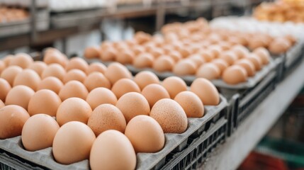Fresh Brown Eggs on Display at a Market Stall in Trays Organized Neatly for Sale in a Farm Fresh Environment with Soft Natural Lighting