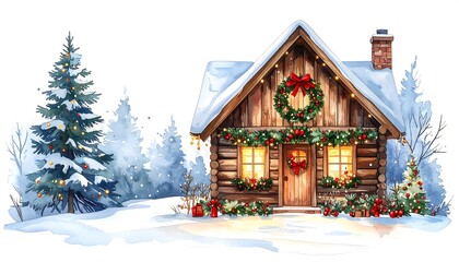 Cozy Log Cabin Decorated for Christmas in a Snowy Forest.