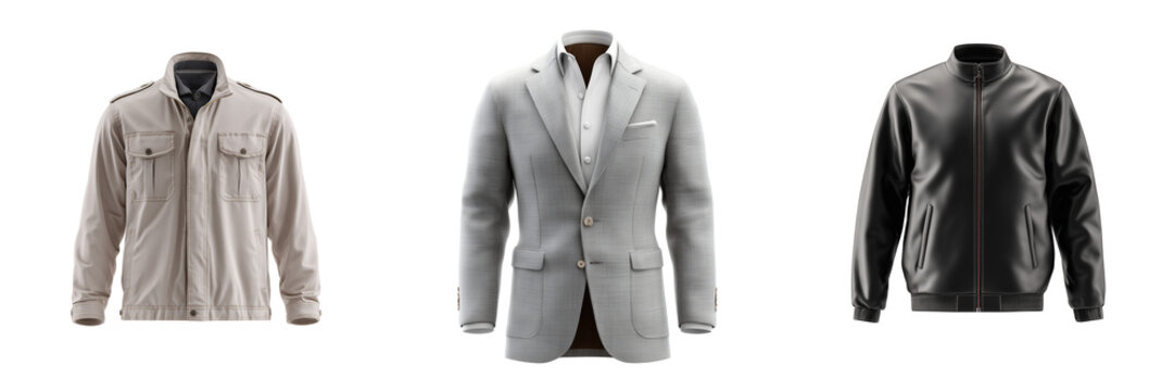 Three men's jackets and a suit jacket displayed side by side isolated on a transparent background blazer