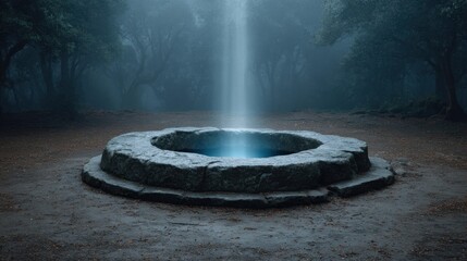 Enigmatic Stone Well Radiating with Ethereal Light in a Misty Forest Surrounded by Ancient Trees and Soft Earthy Ground
