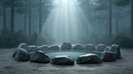 Mysterious Stone Circle Surrounded by Tall Trees in Dense Fog with Rays of Light Illuminating the Forest Floor in a Dreamy Atmosphere