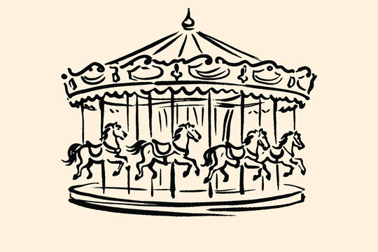 Carousel Ride With Horses Ink Sketch Vector Illustration
