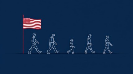 Progression of Human Figures Walking Near a Flag Representing Patriotism and Growth in a Minimalist Style Against a Dark Background
