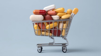 Colorful assortment of pills and capsules in a shopping cart on a light blue background, representing health, wellness, and pharmacy products