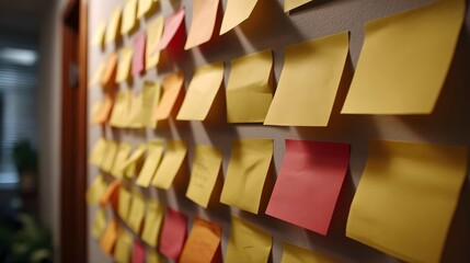 Colorful sticky notes arranged on a wall representing ideas and planning in a creative workspace