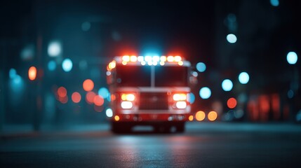 Emergency response vehicle with flashing lights in an urban setting at night demonstrating a rescue operation, safety, and urgency in city environments