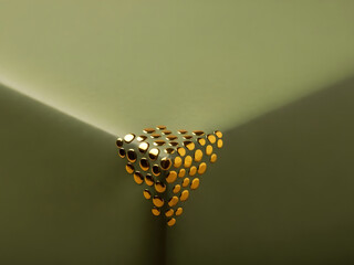 Abstract golden metallic shapes emerging from a green corner modern art composition