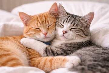 Two cute cats cuddling together on bed with peaceful expressions