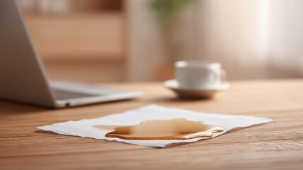 Spill of Coffee on Table with Laptop in Background and White Napkin in Modern Workspace Setting for Home or Office Environment