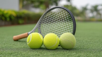 Tennis Equipment with Racket and Balls on Artificial Grass Surface for Sports and Recreation Enthusiasts, Ideal for Active Lifestyle and Outdoor Activities