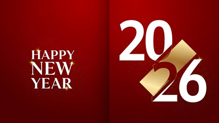 Elegant red background with shimmering gold and white text celebrating the arrival of the year 2026, perfect for festive holiday greetings and digital banners