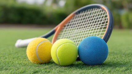Colorful tennis balls in yellow, green, and blue beside a tennis racket on vibrant green grass, perfect for sports and fitness themes