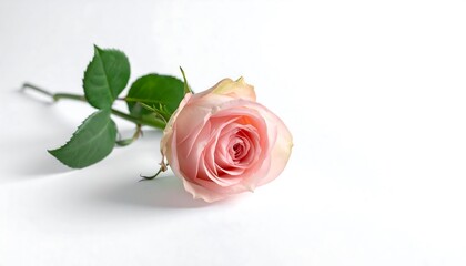 A delicate pink rose lies on a clean white surface, its petals unfurling gently.