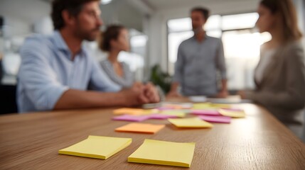 A blurred background of professionals in a meeting with colorful sticky notes on a wooden table in the foreground