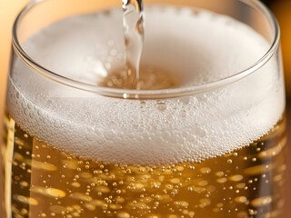 Bubbles form in clear liquid poured into glass