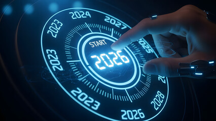 Future of technology 2026 Hand pressing button on futuristic digital interface with year 2026 highlighted