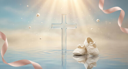 Baby shoes a cross and ribbons symbolize faith hope and new beginnings