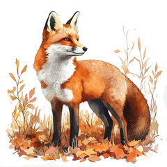 Obraz premium Fox Standing Alert, vector clipart in watercolor with smooth gradients, isolated on a white background.