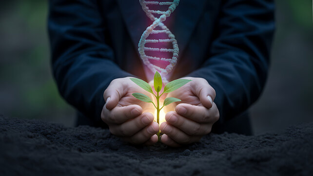 Cupped hands gently hold a glowing young green plant with a holographic DNA strand rising above - Powered by Adobe