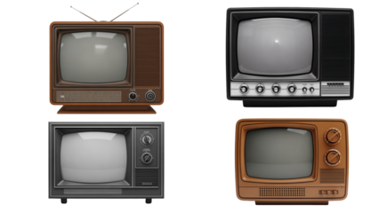 Four retro television sets, each with a different color scheme and knob configurations, against a black backdrop