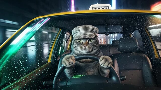 Cat Taxi Driver in Yellow Cab at Night with Neon City Lights and Raindrops on Windshield