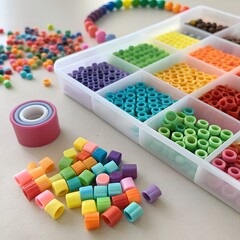Colorful Plastic Craft Beads Organized in Tray for Kids DIY Jewelry Making.