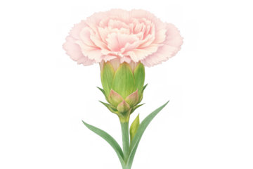 Pink carnation flower with green stem and unopened bud symbolising love and admiration on transparent background