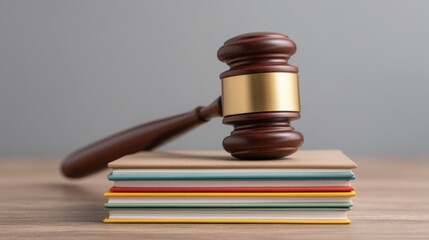 Gavel Resting on Stacked Notebooks Representing Legal Decision Making and Justice System in a Courtroom Setting