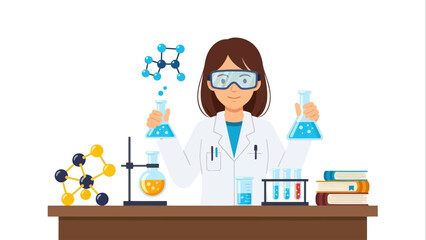 Female scientist in lab coat and goggles, holding beakers, performing experiments in a chemistry lab, a captivating flat vector illustration