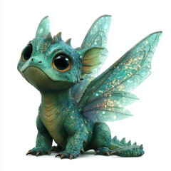 Obraz premium Isolated, white background, baby mit green dragon with sparkly wings