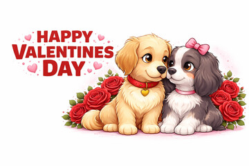 Happy Valentines Day cute puppy couple illustration with roses