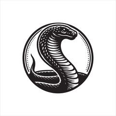 Fototapeta premium A black and white vector illustration of a snake coiled in a circular logo design with a dotted border on a plain background.