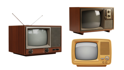 Three vintage televisions with wood paneling and dials are isolated on a black background, a nostalgic look at classic electronics